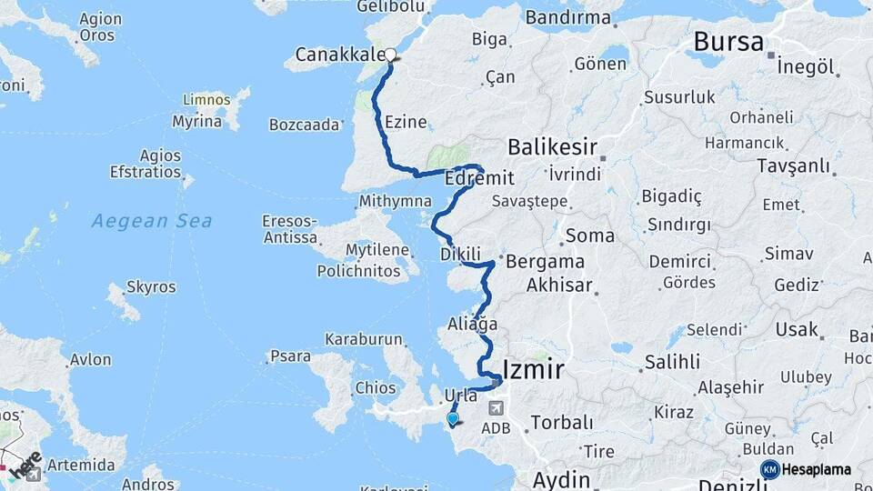 İzmir Seferihisar Çanakkale Arası Kaç Km - Yol Haritası