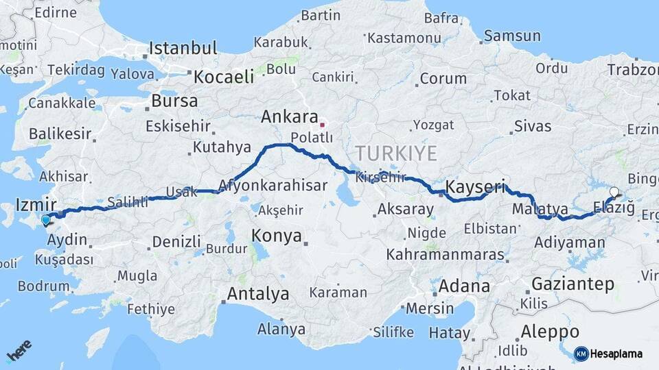 İzmir Seferihisar Elazığ Arası Kaç Km - Yol Haritası