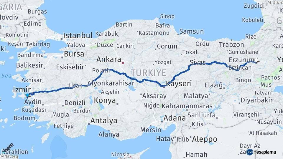 İzmir Seferihisar Erzurum Arası Kaç Km - Yol Haritası