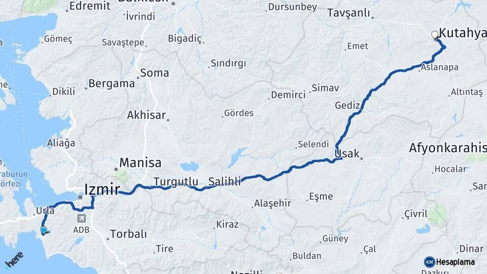 İzmir Seferihisar Kütahya Arası Kaç Km - Yol Haritası