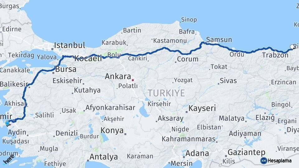 İzmir Seferihisar Rize Arası Kaç Km - Yol Haritası