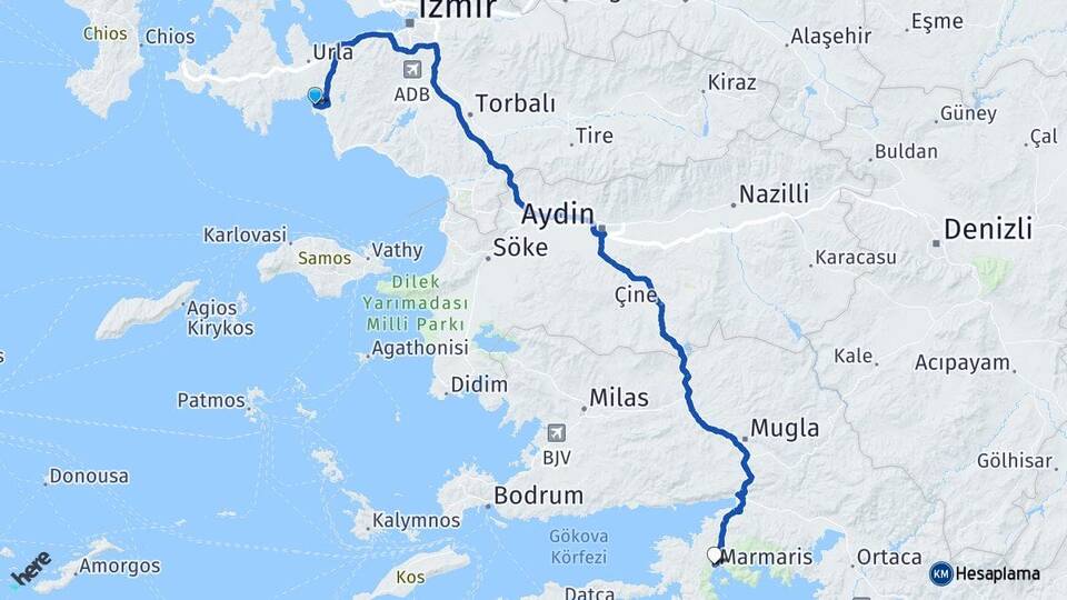 İzmir Seferihisar Sığacık Marmaris Muğla Arası Kaç Km - Yol Haritası