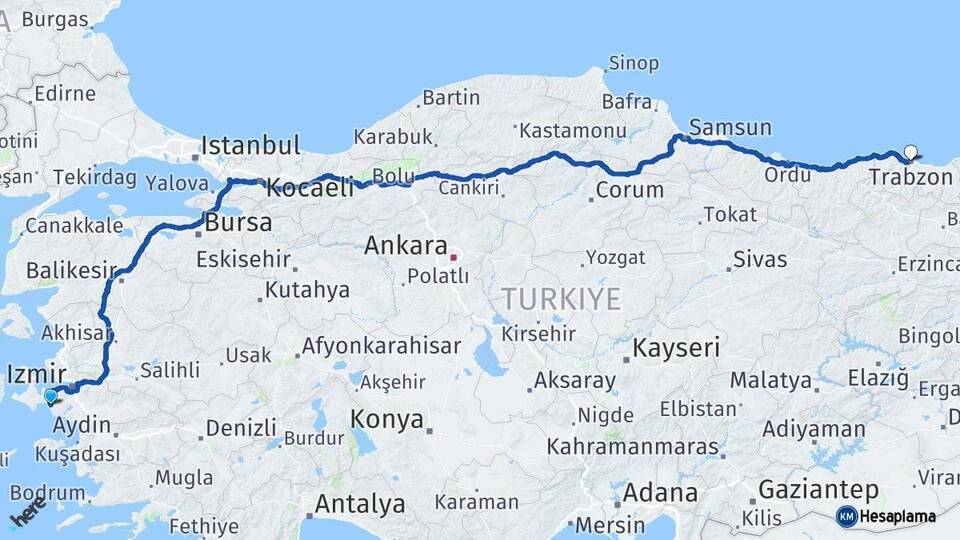 İzmir Seferihisar Trabzon Arası Kaç Km - Yol Haritası