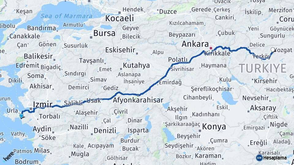 İzmir Seferihisar Yozgat Arası Kaç Km - Yol Haritası