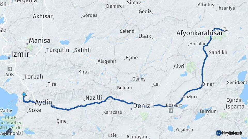 İzmir Selçuk Afyonkarahisar Arası Kaç Km - Yol Haritası