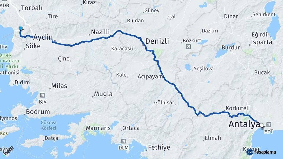İzmir Selçuk Antalya Arası Kaç Km - Yol Haritası