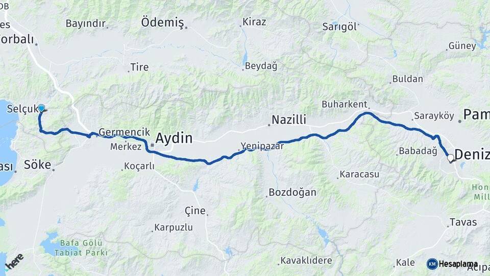 İzmir Selçuk Denizli Arası Kaç Km - Yol Haritası