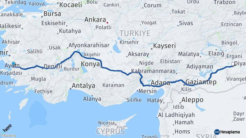 İzmir Selçuk Diyarbakır Arası Kaç Km - Yol Haritası
