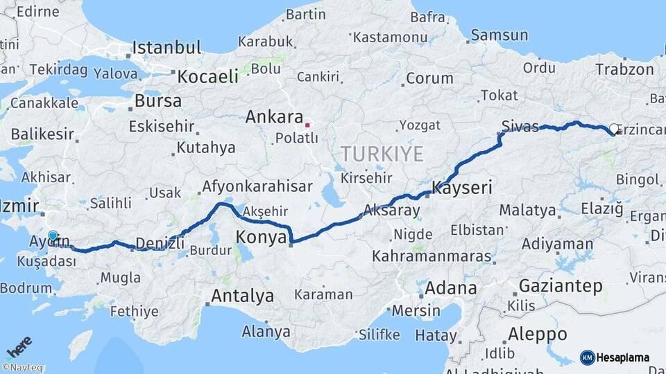 İzmir Selçuk Erzincan Arası Kaç Km - Yol Haritası