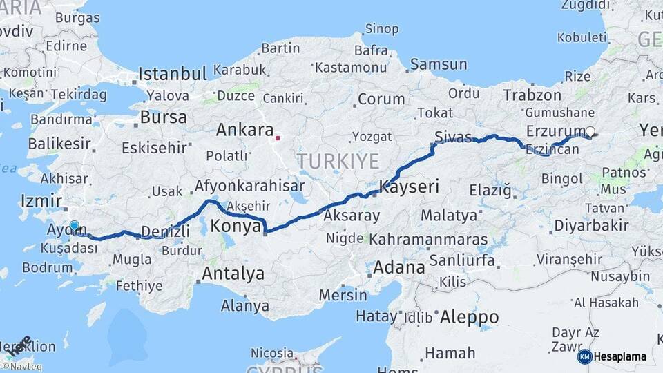 İzmir Selçuk Erzurum Arası Kaç Km - Yol Haritası