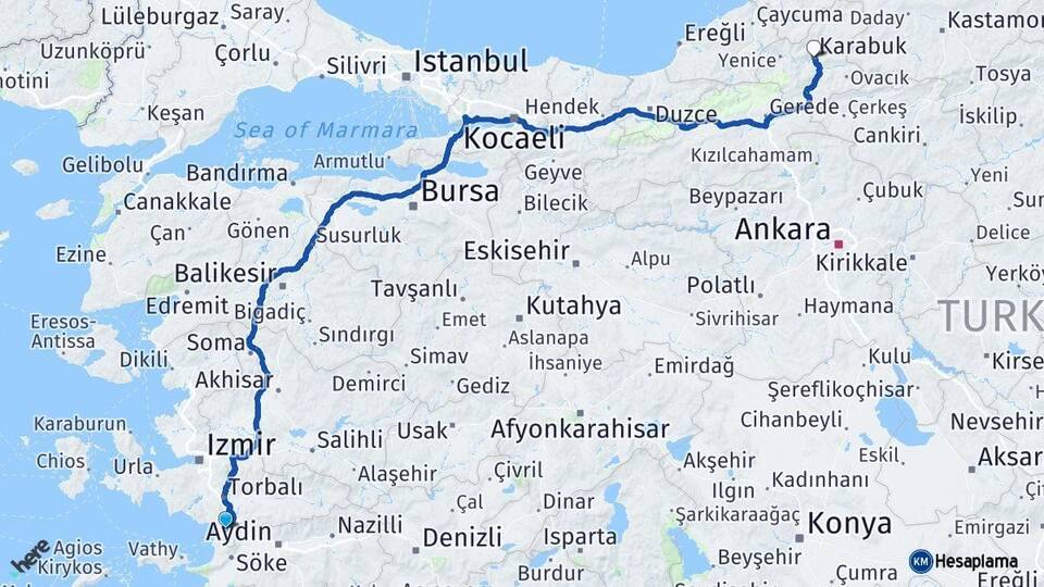 İzmir Selçuk Karabük Arası Kaç Km - Yol Haritası