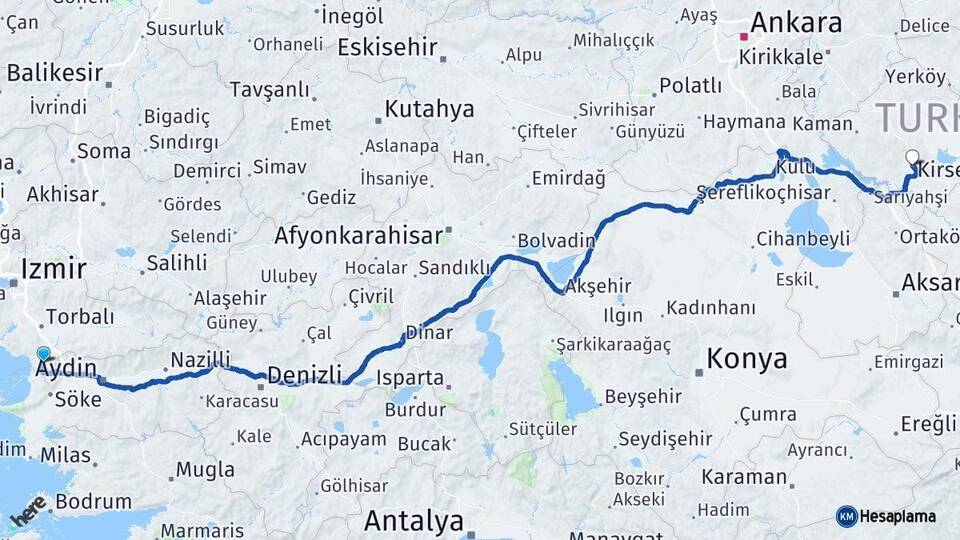 İzmir Selçuk Kırşehir Arası Kaç Km - Yol Haritası