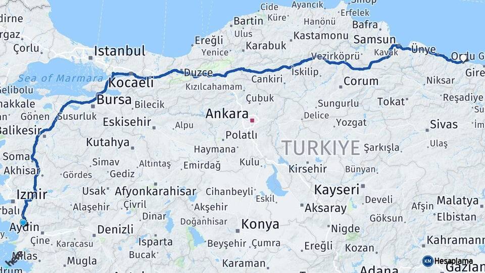 İzmir Selçuk Ordu Arası Kaç Km - Yol Haritası