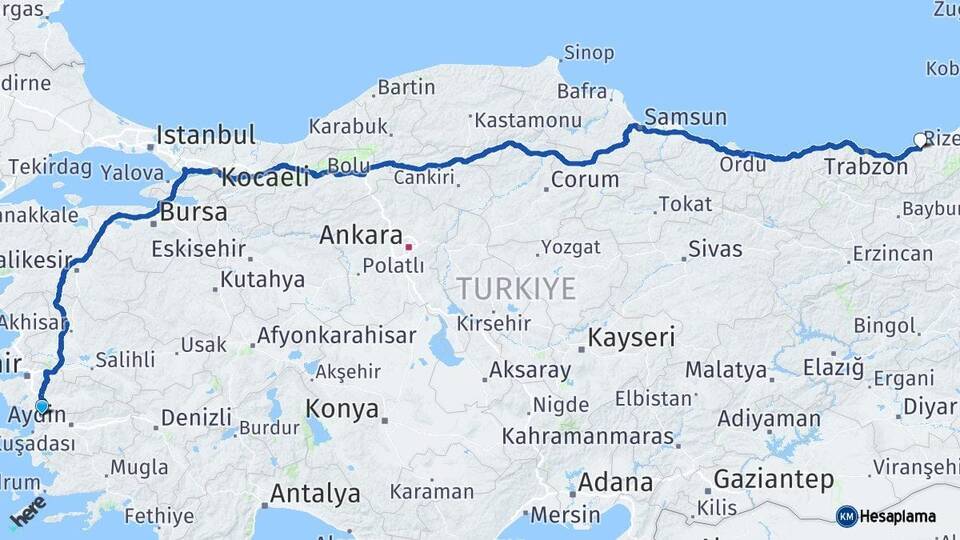 İzmir Selçuk Rize Arası Kaç Km - Yol Haritası
