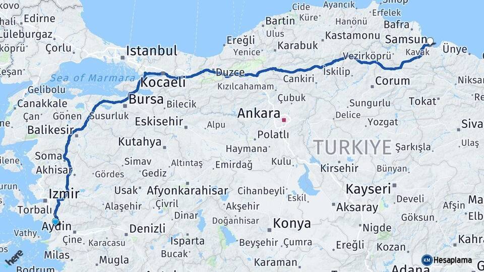 İzmir Selçuk Samsun Arası Kaç Km - Yol Haritası