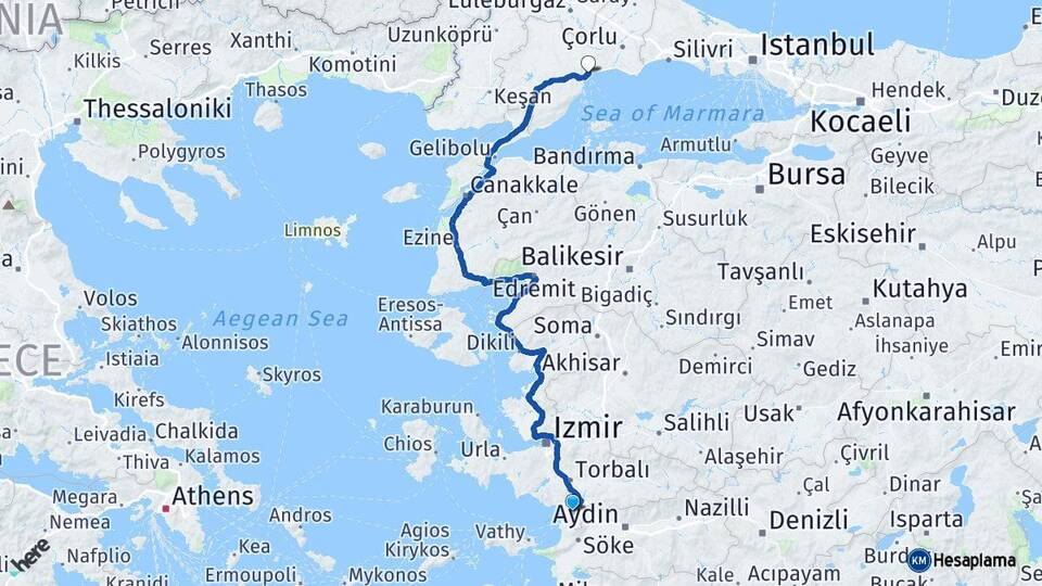İzmir Selçuk Tekirdağ Arası Kaç Km - Yol Haritası