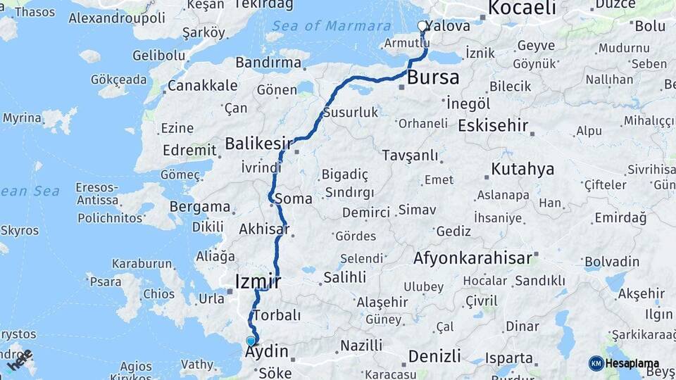İzmir Selçuk Yalova Arası Kaç Km - Yol Haritası