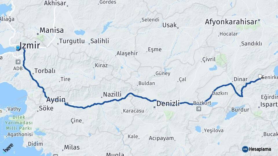 İzmir Senirkent Isparta Arası Kaç Km - Yol Haritası