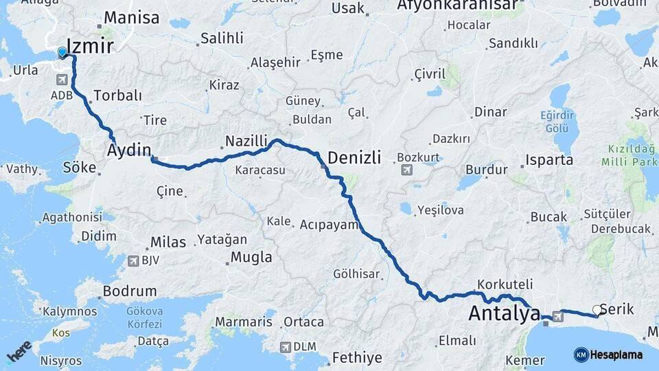 İzmir Serik Antalya Arası Kaç Km - Yol Haritası