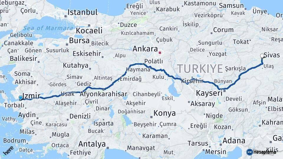 İzmir Sivas Arası Kaç Km - Yol Haritası