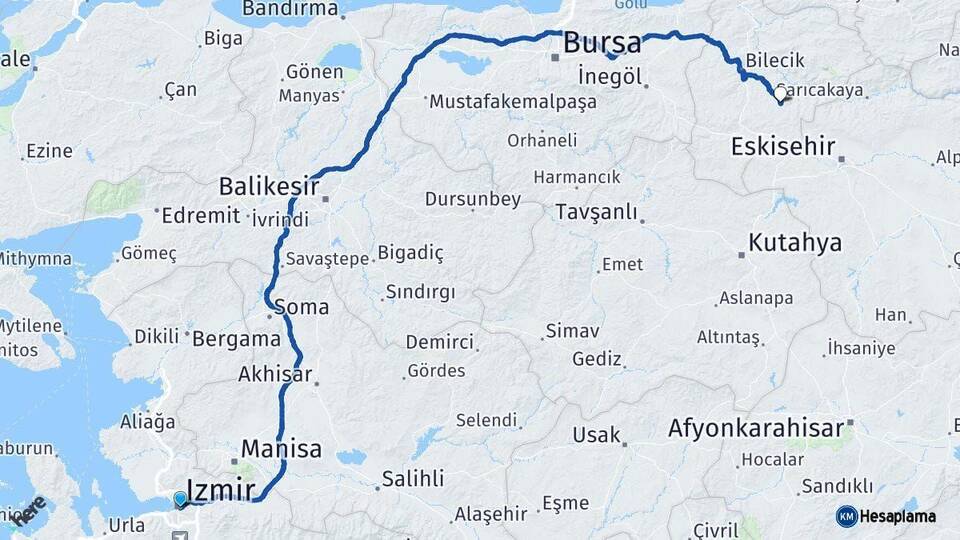 İzmir Söğüt Bilecik Arası Kaç Km - Yol Haritası