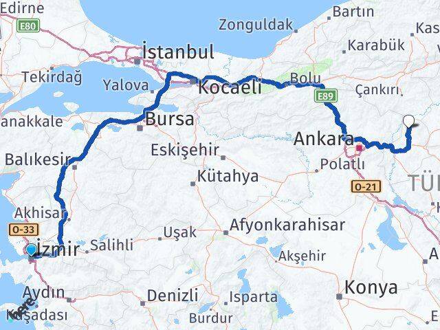 İzmir Sulakyurt Kırıkkale Arası Kaç Km - Yol Haritası