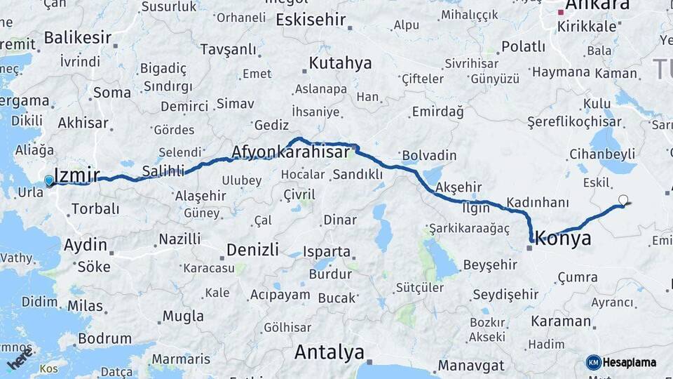 İzmir Sultanhanı Aksaray Arası Kaç Km - Yol Haritası