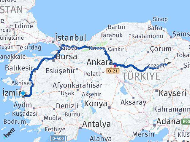 İzmir Sulusaray Tokat Arası Kaç Km - Yol Haritası