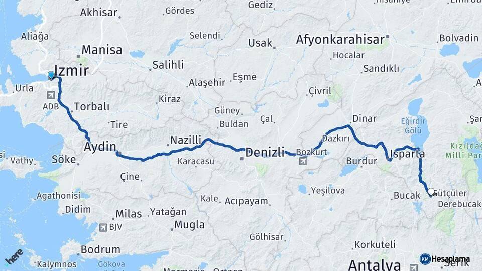 İzmir Sütçüler Isparta Arası Kaç Km - Yol Haritası