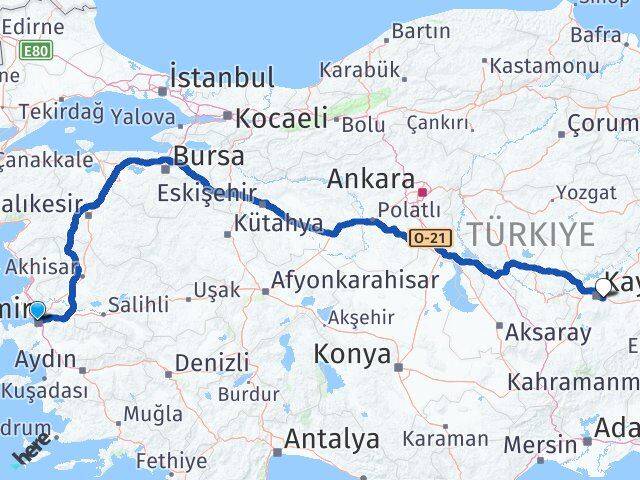 İzmir Talas Kayseri Arası Kaç Km - Yol Haritası
