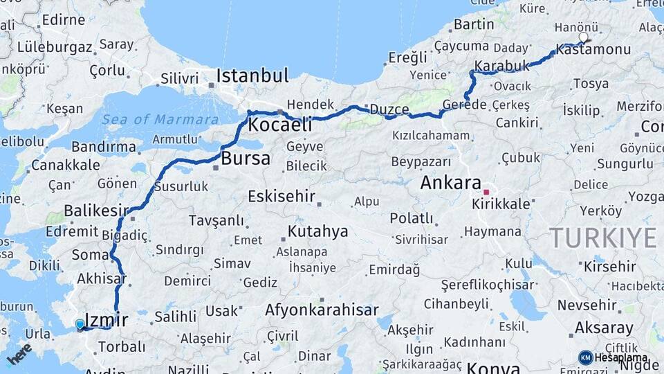 İzmir Taşköprü Kastamonu Arası Kaç Km - Yol Haritası