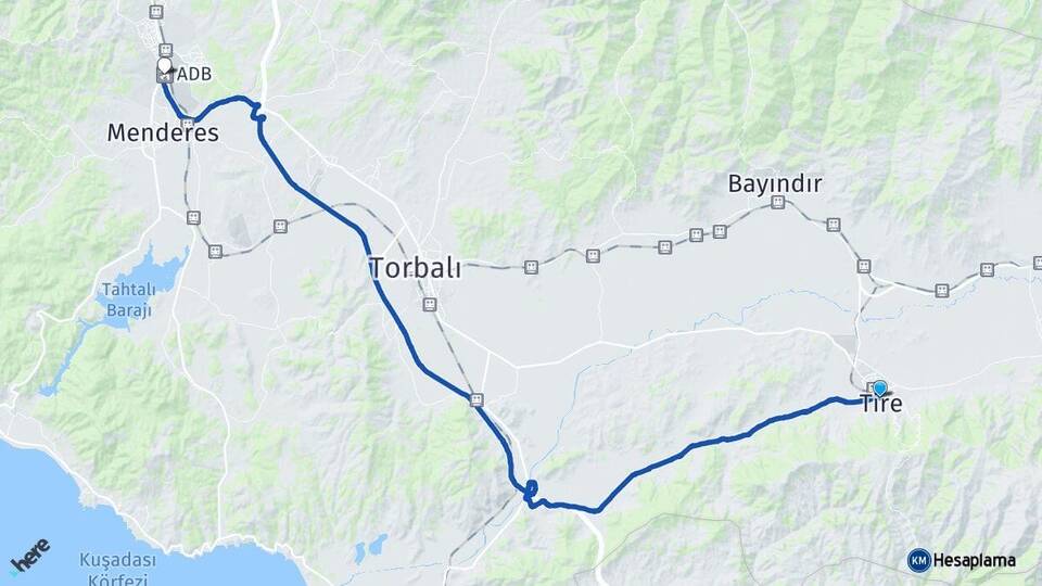 İzmir Tire Adnan Menderes Havalimanı Arası Kaç Km - Yol Haritası
