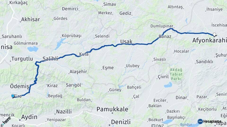 İzmir Tire Afyonkarahisar Arası Kaç Km - Yol Haritası