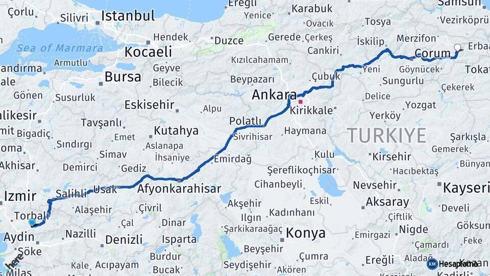 İzmir Tire Amasya Arası Kaç Km - Yol Haritası