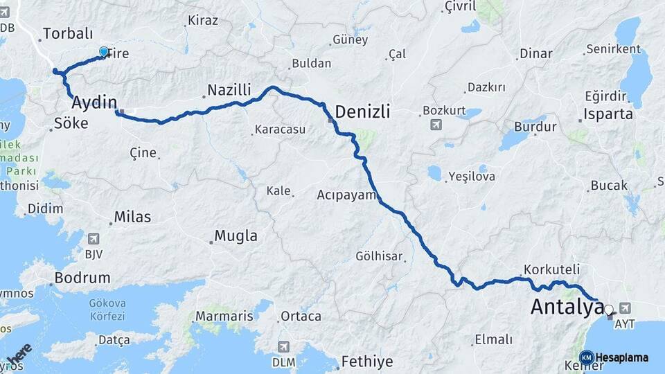 İzmir Tire Antalya Arası Kaç Km - Yol Haritası