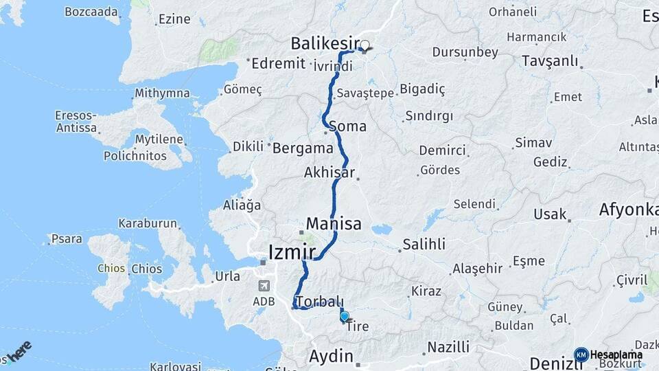 İzmir Tire Balıkesir Arası Kaç Km - Yol Haritası