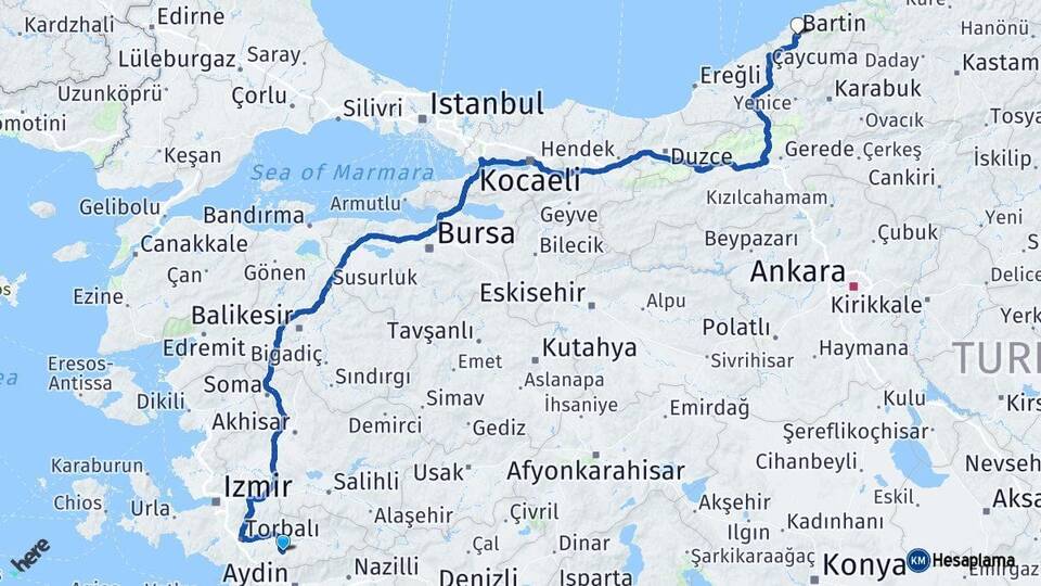 İzmir Tire Bartın Arası Kaç Km - Yol Haritası