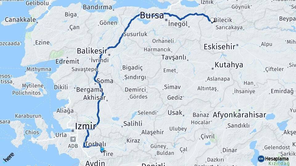 İzmir Tire Bilecik Arası Kaç Km - Yol Haritası