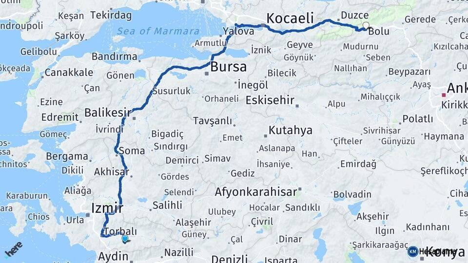 İzmir Tire Bolu Arası Kaç Km - Yol Haritası