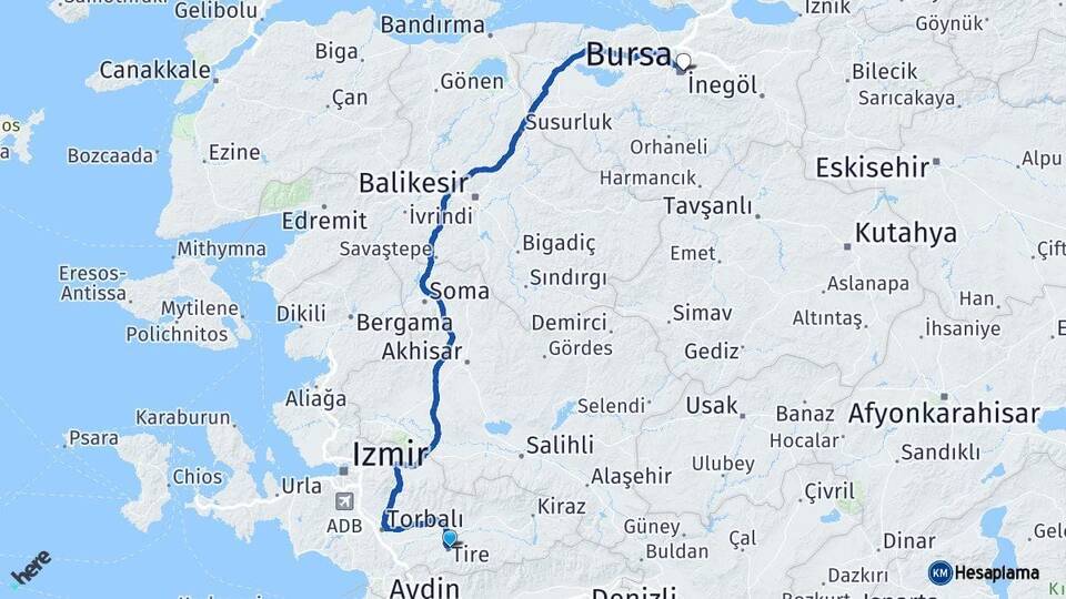 İzmir Tire Bursa Arası Kaç Km - Yol Haritası