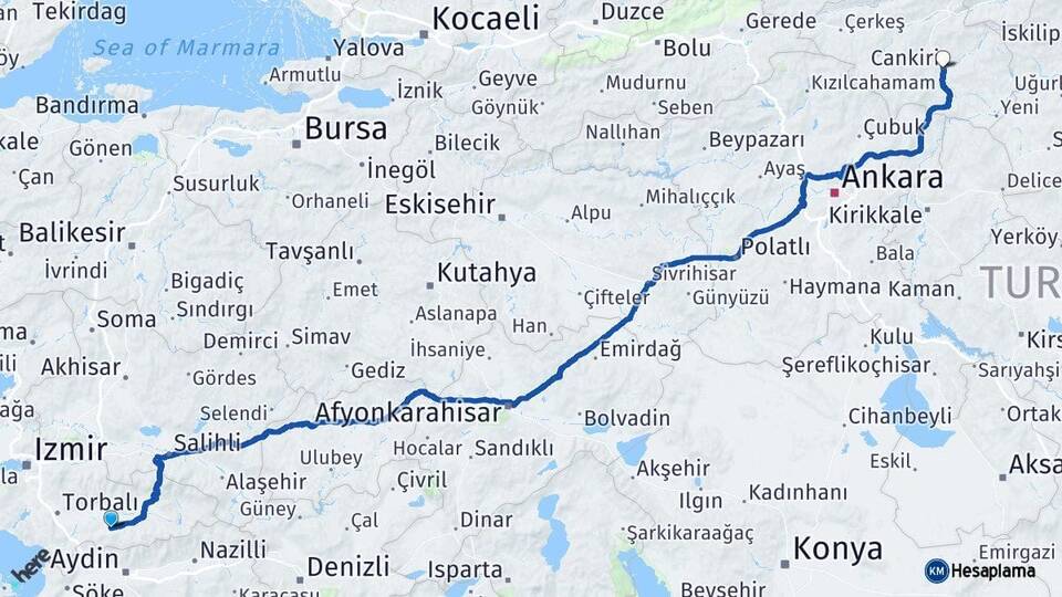 İzmir Tire Çankırı Arası Kaç Km - Yol Haritası
