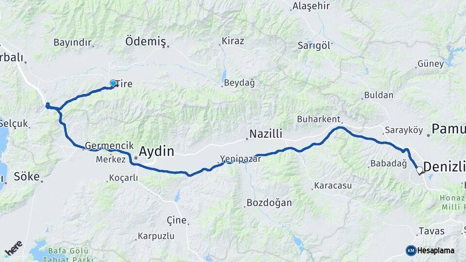 İzmir Tire Denizli Arası Kaç Km - Yol Haritası
