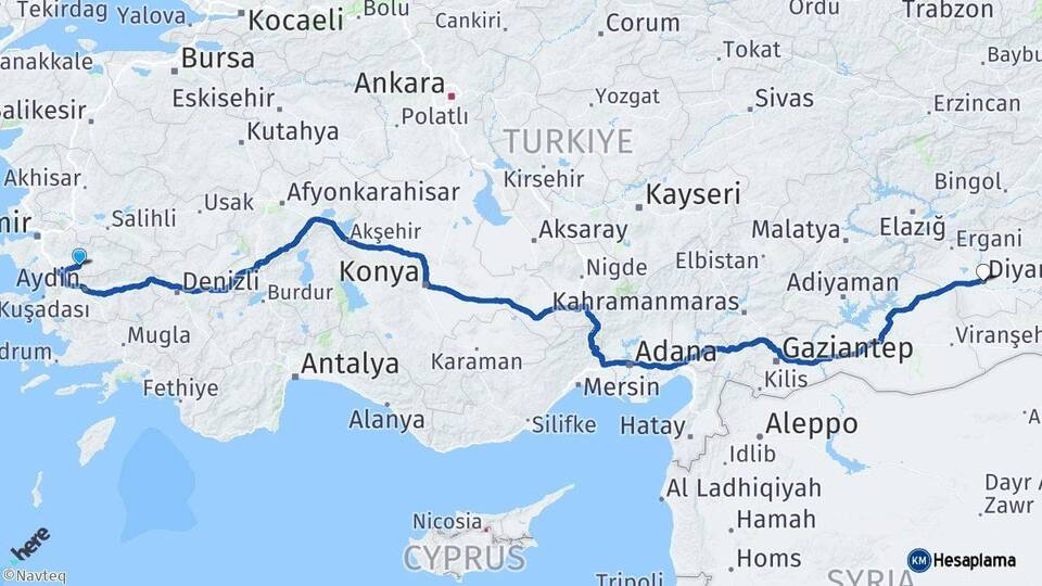 İzmir Tire Diyarbakır Arası Kaç Km - Yol Haritası