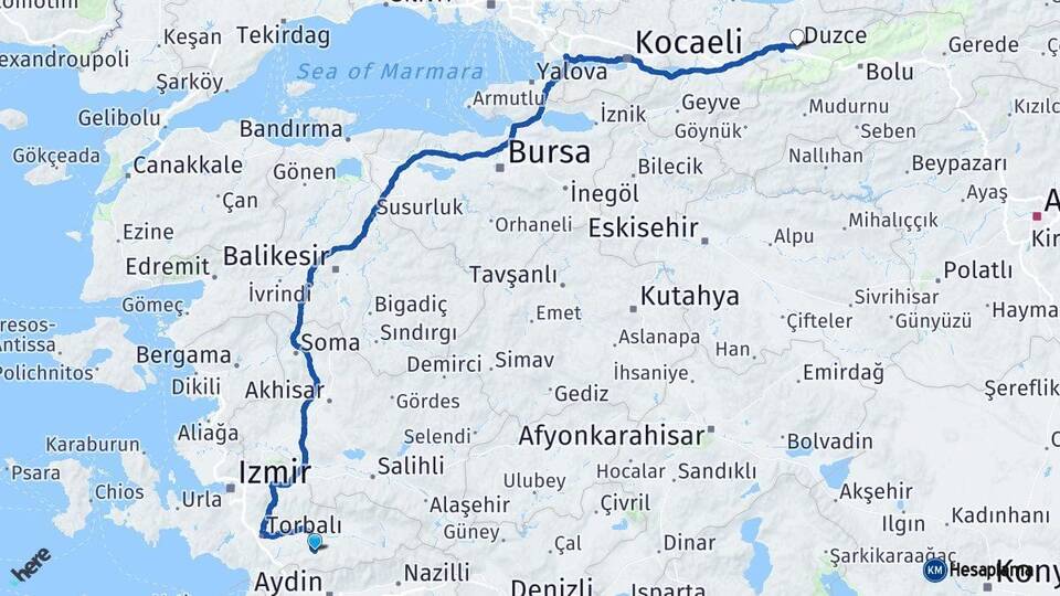 İzmir Tire Düzce Arası Kaç Km - Yol Haritası