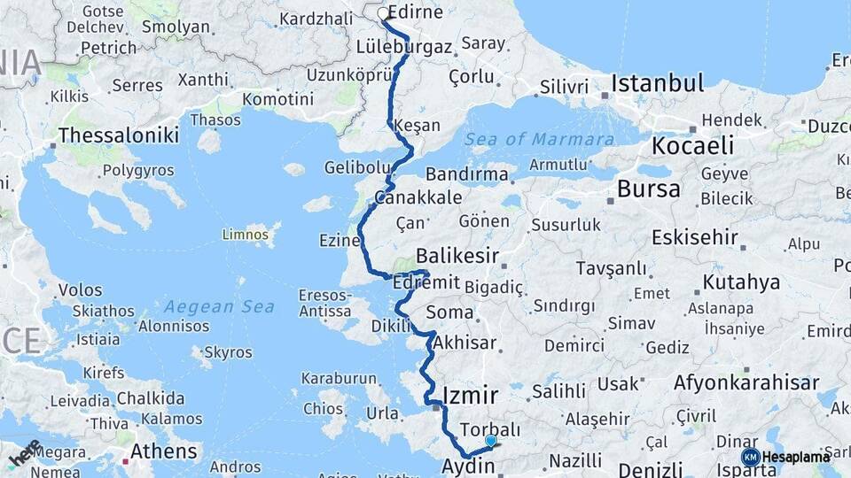 İzmir Tire Edirne Arası Kaç Km - Yol Haritası