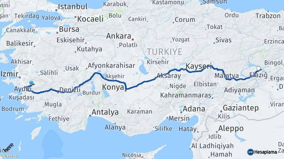 İzmir Tire Elazığ Arası Kaç Km - Yol Haritası
