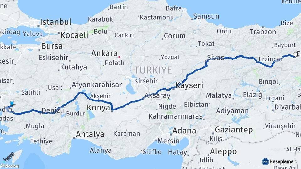 İzmir Tire Erzurum Arası Kaç Km - Yol Haritası
