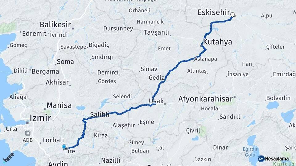 İzmir Tire Eskişehir Arası Kaç Km - Yol Haritası