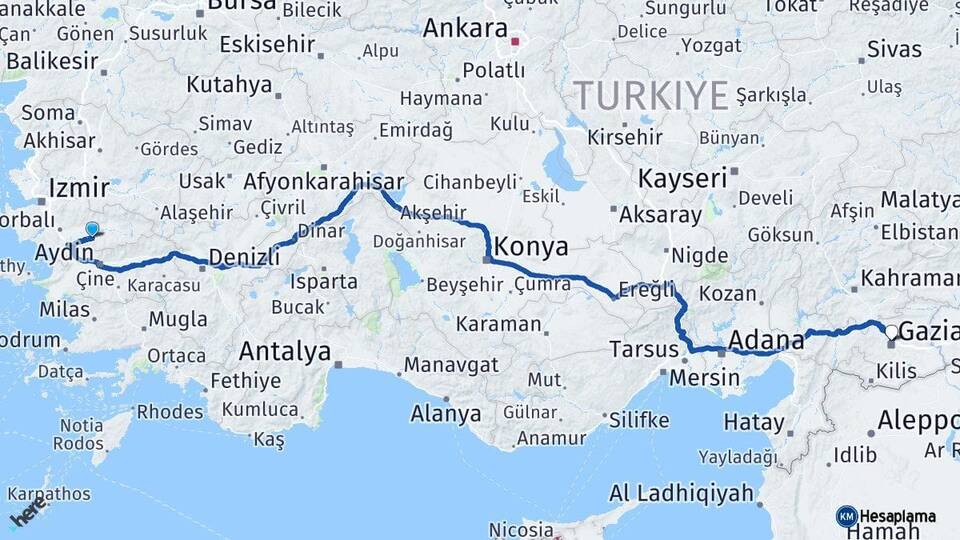 İzmir Tire Gaziantep Arası Kaç Km - Yol Haritası