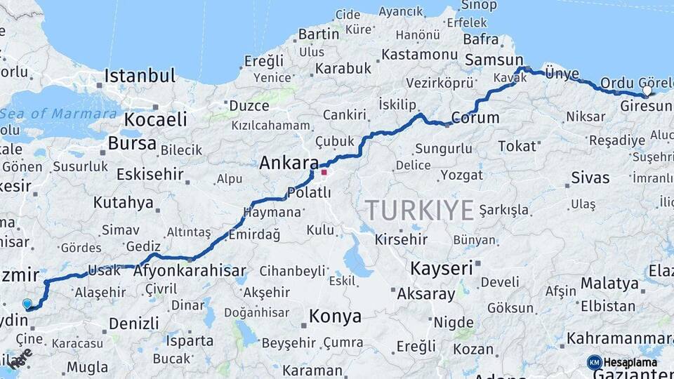 İzmir Tire Giresun Arası Kaç Km - Yol Haritası